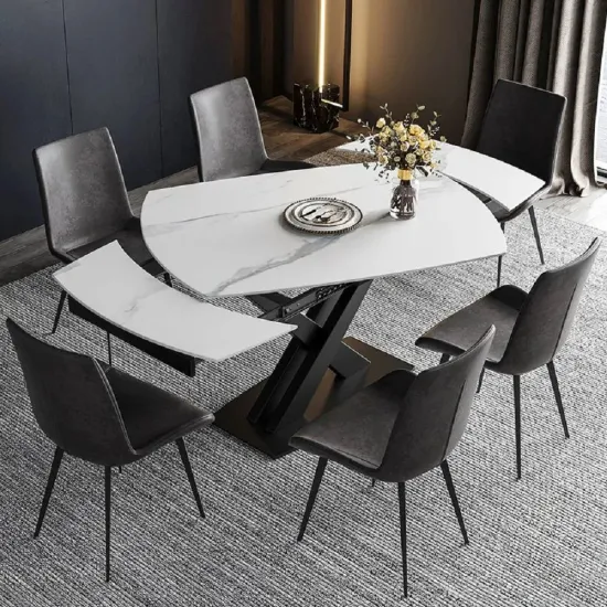 Einfacher, günstiger nordischer Esszimmertisch, Marmor-Design, rechteckiger, ausziehbarer Möbeltisch und Stühle aus gesintertem Stein