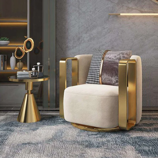 Moderner Lounge-Drehsessel, luxuriöser, goldfarbener Metallrahmen, einzelner Sofastuhl für Wohnzimmermöbel